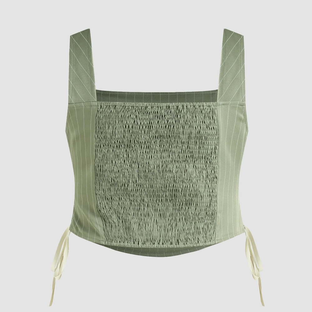 Green Smocked Tie Front Crop Tank Top
